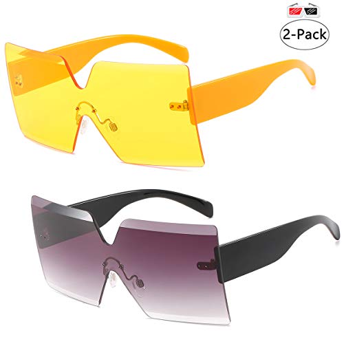Oversized Square Sunglasses for Women Rimless Frame Candy Color Transparent Glasses (2 pack-pink/yellow)