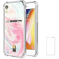 Oddss Clear Case Compatible for iPhone XR with Card Holder Slot Pink Marble Cloud Cover Design Ultra-Slim Thin Soft TPU Compatible for iPhone XR (6.1") with Screen Protector