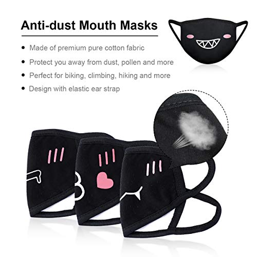 Magicfour Mouth Masks,5Pack Kawaii Muffle Mask,Anti Dust Cute Kaomoji Face Mask Black Cotton Masks for Boys Girls