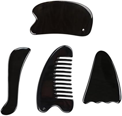 Gua Sha Tools - Scraping Massage Tool with Hand Made Buffalo Horn for SPA Acupuncture Therapy, Pain Relief, Heath Care and Beauty Treats with Free Instructional E-Book and Videos by RelComfo [4 Sets]