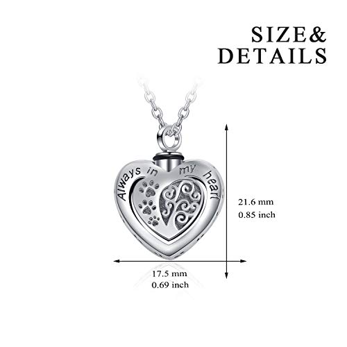 POPLYKE Memorial Urn Necklace for Dog Cat Pets Ashes,Engraved Always in My Heart Sterling Silver Dog Paw Pendant Necklace for Women Girls Unisex