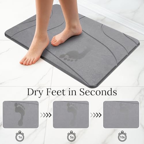 Euqvunn Non Slip Diatomite Bath Mat 60 x 39 cm - Absorbent Stone Anti-Mildew Quick Drying Bath Mat for Bathroom, Kitchen and Bathtub - Grey