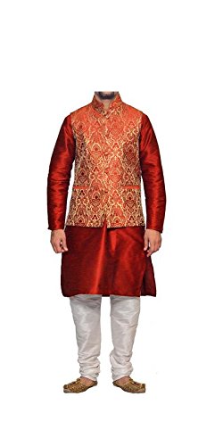inyour men's silk red gold waiscoat,red kurta,white pajama set_inyour-tr3195wcp