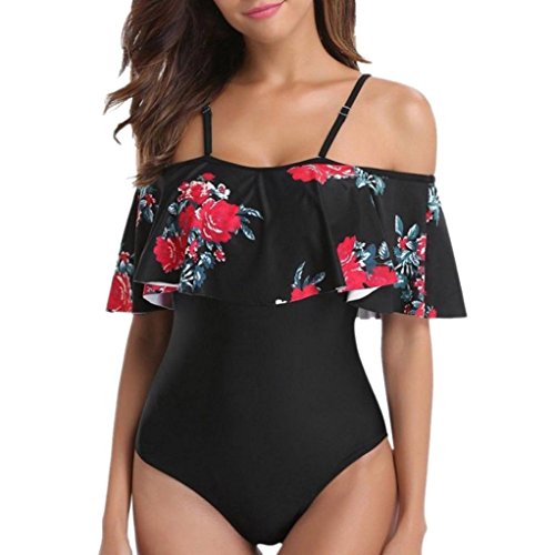 Peize Women 1Pcs Vintage Floral Printed Off Shoulder Flounce Ruffled Padded Monokini Bathing Suits (M, Black)
