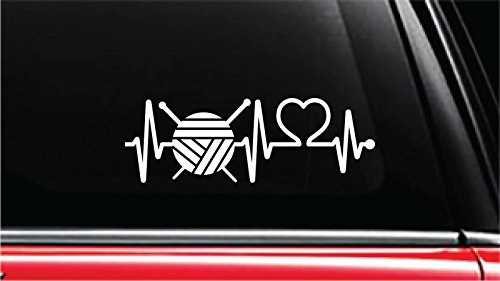Knitting Kit Heartbeat Lifeline Vinyl Die-Cut Decal Sticker for Car, Truck, Notebook, Laptop, Computer or Window (8", White)