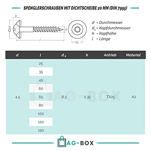 Spenglerschrauben mit TORX 4,5x45 mit U-Scheibe 20mm (50 Stück) aus Edelstahl A2 (V2A) ähnl. DIN 7995 TX Dichtscheibe… – Bild 3