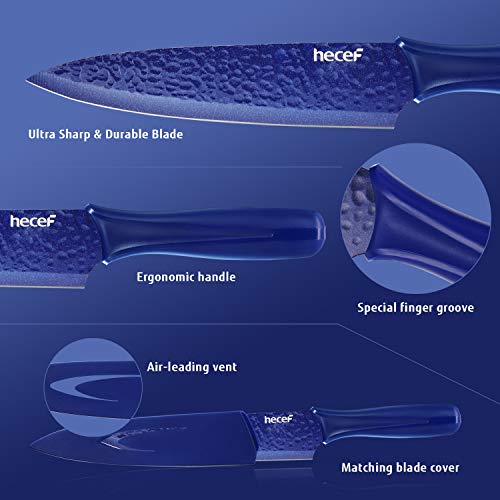 Hecef Galaxy Blue Kitchen Knife Set of 5, Non-slip Metallic Ceramic Coated Chef Knife Set, Hammered Blade with Plastic Handle and Protective Blade Sheath