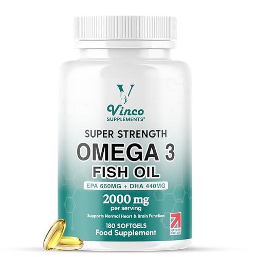 Vinco High Strength Omega 3 Fish Oil 2000mg | EPA 660mg & DHA 440mg Per Serving | Promotes Heart, Brain & Eye Health | Non-GMO GMP Certified 180 Omega 3 Softgels Capsules (3 Month Supply) - UK Made