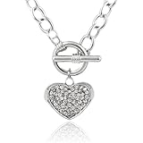Silvertone Iced Out Embossed Heart 20 Inch Toggle Pendant Necklace