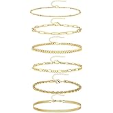 LUXU kisskids 6PCS Gold Anklets Set for Women - 14K Gold Plated Non Tarnish Hypoallergenic Stainless Steel Adjustable Cuban Link Chain Ankle Bracelets Layered Beach Vacation Jewelry Gift