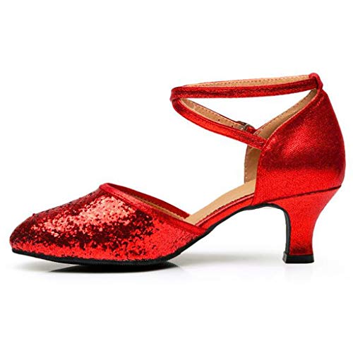 Duseedik Women's Dance Shoes Ballroom Tango Latin Salsa Dancing Low Heel Closed-Toe Ankle Strap Sequins Social Sandals - Thumbnail 2