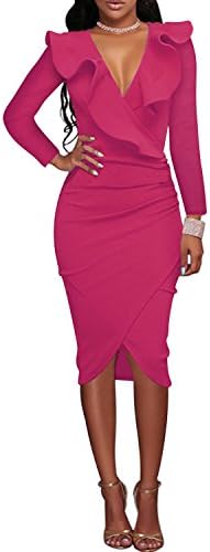 Women's V-Neck Ruffle Sleeveless Tight Wrap Midi Club Bodycon Party Dress