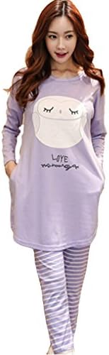 Women Long Sleeves Sleepwear Sweet Pajamas Set for teen girls (L suitable for weight 100-120lbs Height 62"-64", Purple Owl)