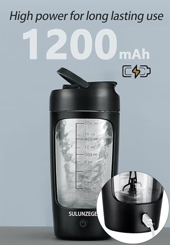 SULUNZEGER Protein Shaker Bottle Electric, Rechargeable Portable Blender with Powder Cup, Mini Protein Mixer for Gym, Food Processors Blenders for Juicer, Smoothie, Milk, (650ML, Black)