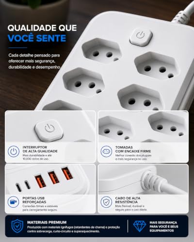 Filtro de Linha Extensão Elétrica 8 Tomadas 5 USB PD 30W Cabo 2m | Centralize energia e carregamento em um só lugar com 8 tomadas, 5 portas USB, cabo de 2 metros e potência de até 2500W.