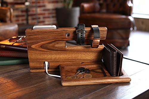 Natural Walnut Wood Phone Docking Station Key Holder Wallet Stand Magnetic Watch Charger Slot Organizer Men Gift Husband Wife Anniversary Dad Birthday Nightstand Tablet Father Graduation Travel Idea