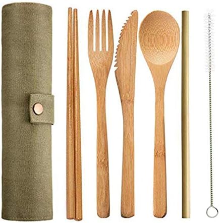 HINMA2 Bamboo Cutlery Set, Reusable Bamboo Flatware Set Travel Utensils 7.5 Inches Bamboo Knife, Fork, Spoon, Metal Straw with Clean Brush(C)