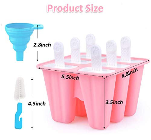 Popsicle Molds for Kids, Teetookea 6 Pieces Silicone Ice Pop Molds, Reusable Popsicle Maker with Silicone Funnel & Cleaning Brush (Pink)