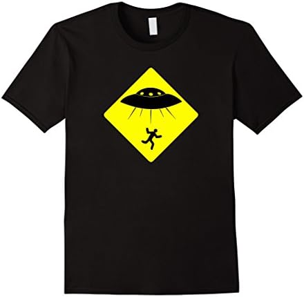Mens UFO Abduction Area warning sign T-shirt - Beware Aliens Medium Black