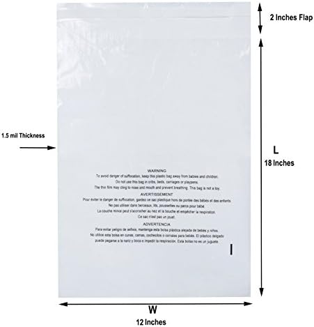 100 12x18 Self Seal Clear Poly Bags with Suffocation Warning and Anti-static Strip, Vent Holes, 1.5 Mil, Large