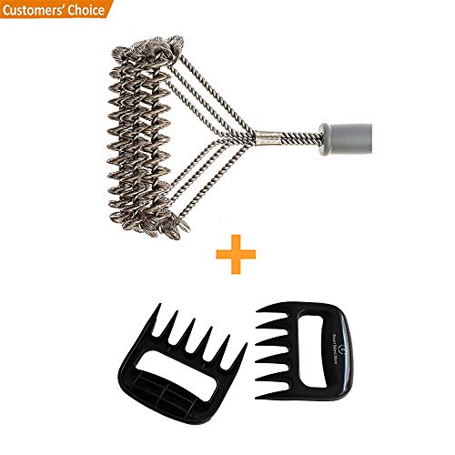Grill Brush Bristle Free-Triple Rows, Stainless Steel, Durable, Rust Resistant, 18”, Safe For Porcalein, Seramic And All BBQ Grates, Safe Scraper, Barbecue Cleaner,Bonus Meat Handler Tool