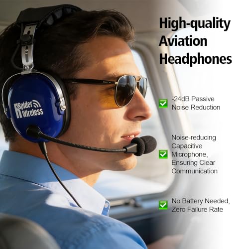 R SPIDER WIRELESS - PNR Aviation Aircraft Headphones with Comfortable Ear Pads, Passive Noise Reduction, Carrying Case