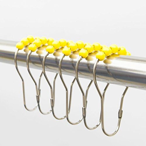 DOTZ Yellow Roller Shower Curtain Rings | Nickel-Plated Stainless Steel Hooks with Easy Glide Roller Balls | Durable and Polished, Won't Snag or Tear | Set of 12