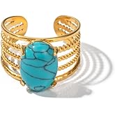 Dikixe Boho Western Turquoise Ring, Oval Turquoise Gemstone December Birthstone Open Adjustable Statement Ring, Gold Plated Stainless Steel Stackable Rings for Women