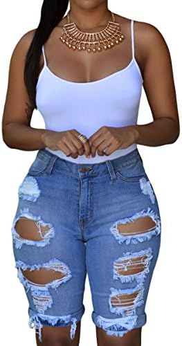 roswearWomen's Ripped Denim Destroyed Mid Rise Stretchy Bermuda Shorts Jeans