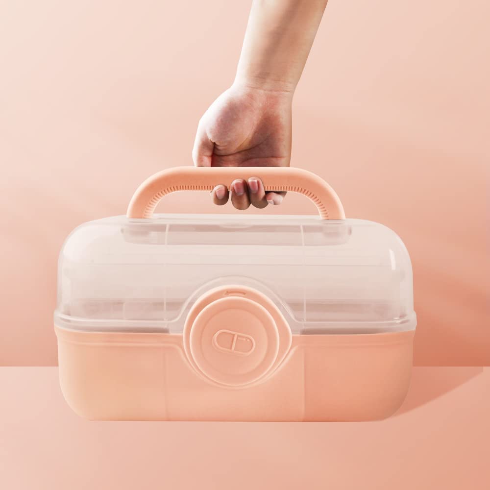 Uotyle Medicine Storage Box 3 Layers First Aid Organiser Case, Plastic Portable Craft Box Kit with Handle, Household Medical Storage Cabinet, Sewing Craft Container For Cosmetics, Jewelry (Pink)