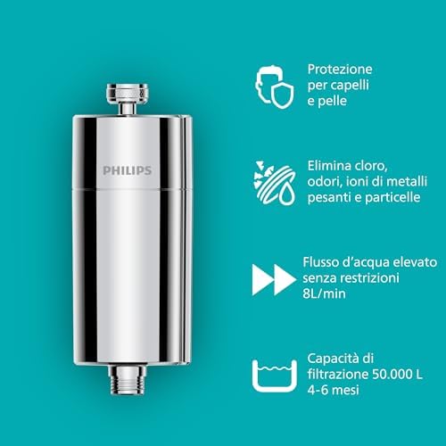 Water Filtro da doccia In-Line con 3 confezioni di ricambio, riduce il cloro fino al 99%, facile da installare, compatibile con tutti i tubi e rubinetti standard, Cromo, capacità 50.000 L
