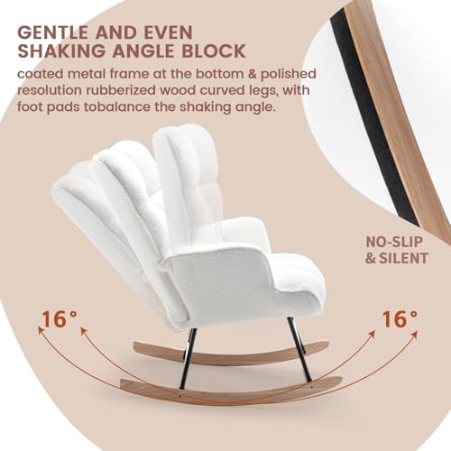 SAETSFEG Rocking Chair Nursery Teddy Upholstered Glider Rocker Chair Padded Seat with High Backrest Armchair Comfy Nursing Chair Indoor for Living Room Bedroom, White