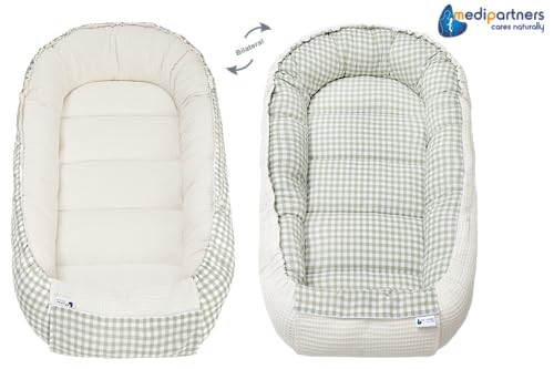 Nido Bebe Recien Nacido Reductor de Cuna - 100x60x15 Portátil o de Viaje de Colecho anticolicos Bilateral Bebés 100% Algodón Gofre (Cuadros con Oliva Gofre)