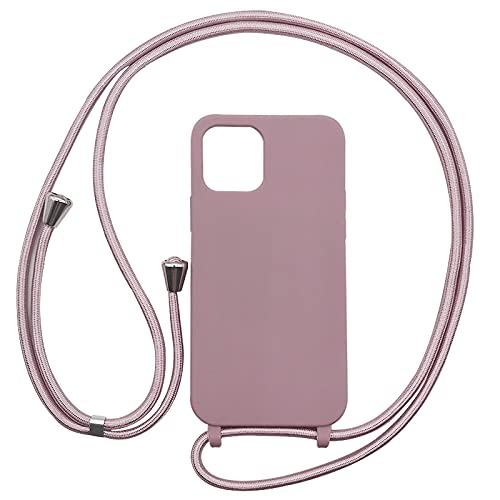 PuYu Zhe Compatible With iPhone 12 Mini Case,Soft Matte Silicone TPU Crossbody Cover with Adjustable Neck Cord Lanyard Strap,Slim Stylish Shockproof Lanyard Case-Sand Pink