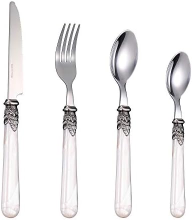 White Dinnerware Sets Cutlery Flatware - LANPA LPCJ002-4 (2018 New Design) 18/10 Stainless Steel Royal Pearl Handle Flatware Set for 16 Pieces, 4*Knives, 4*Forks, 4*Tablespoons, 4*Teaspoons,Set for 4