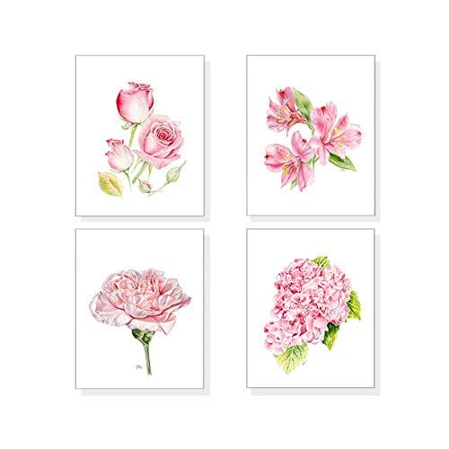 Pink Flower Prints Set of 4, Pink Flower Art, Pink Wall Art