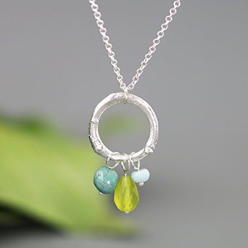 Sterling Silver Circle Branch Necklace with Jade and Amazonite Gemstones