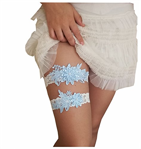 Dasiy wedding garters for bride bridal lace garter set hand sewn pearls (sky blue)