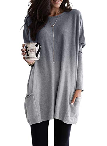 FIYOTE Women Casual Color Block Long Sleeve Round Neck Pocket T Shirts Blouses Sweatshirts Tops X-Large Grey