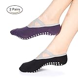Yoga Socks for Women Barre Non-Skid Socks with Grips Pilates Socks 2 Pairs, Black & Purple, One size