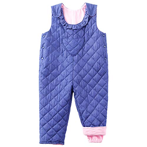 Y·J Back home Little Girl Adjustable Denim Snow Ski Bib Pants Toddler Winter Overalls Kids Puffer Snowsuit with Heart Pockets and Ruffle Collar,3T