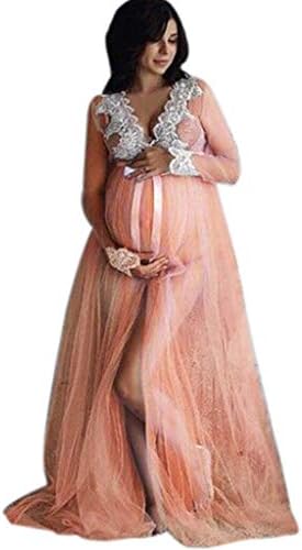 Maternity-Dress for Photoshoot Long Sleeve Lace Gown Split Front Maxi Pregnancy Photography-Dress
