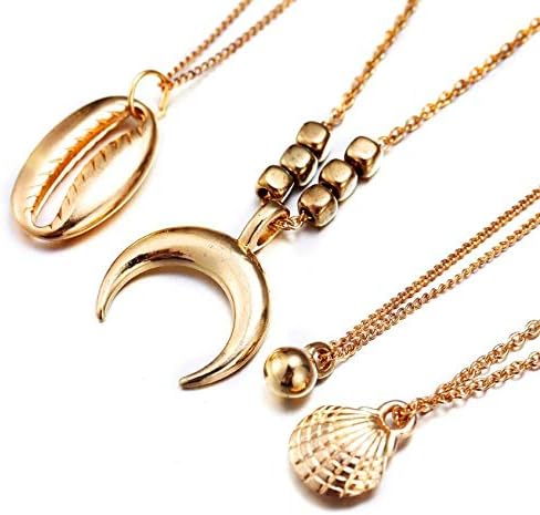 Boho Multi Layered Cowrie Shell Pendant Necklace for Women Gold Color Horn Crescent Moon Necklaces Choker Ocean Beach Jewelry