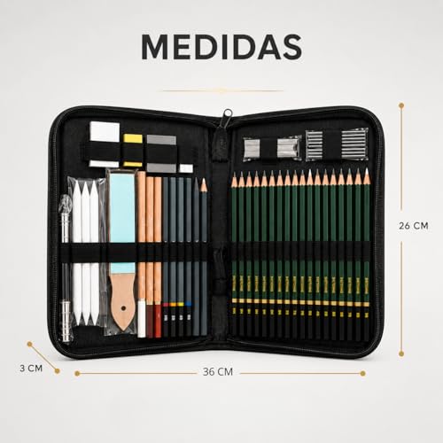 Kit Lapis de Desenho Profissional 42 Peças com Estojo Portátil, Lapis Grafite Profissional, Borrachas, Estilete e Acessórios para Artistas e Estudantes Linha Super Premium