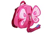 Toddler Backpack with Attachable Safety Harness,Cute Pink Butterfly Book Bag,Child Runaway Restraint,Loop for Parents to Hold, Public Places Kid Keeper