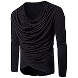 Cottory Men's Pure Colour Hipster Hiphop Holes Design Hem Heaps Collar Long Sleeve T-shirt