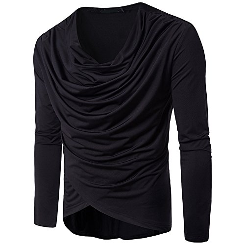 Cottory Men's Pure Colour Hipster Hiphop Holes Design Hem Heaps Collar Long Sleeve T-shirt