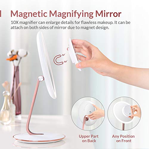 EASEHOLD Makeup Vanity Mirror Rechargeable with 3 Colors 52 LEDs Lights Smart Touch Sensor Dimmable 1X/10X Magnifying Cosmetic Beauty High Definition Circle Portable Countertop Desk Face Mirror