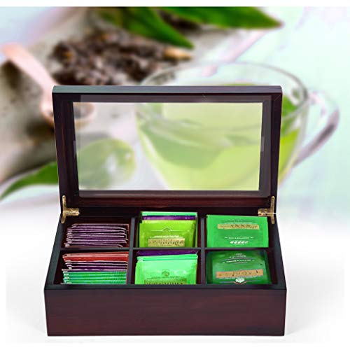 Iusun Bamboo Tea Box Organizer Chest with Clear Hinged Lid 6 Compartments Small Drawer Tea Bag Classic Teabag Holder Variety Box Storage Sections 12X7X3.7'' - Ship From USA (Redwood)