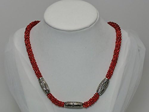 Red Beaded Kumihimo Japanese Braid Necklace, Decorated with Metal Bead Focal Point. Swirl Toggle Clasp